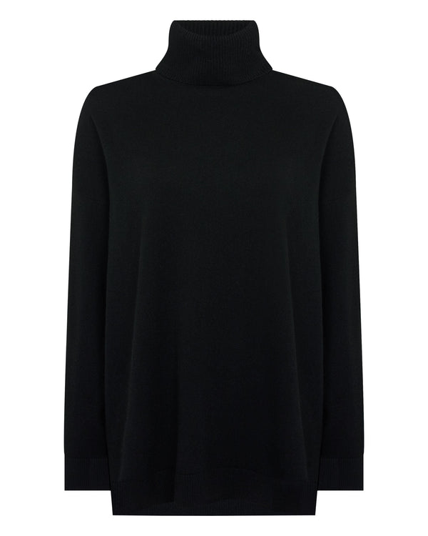 N.Peal Women's Longline Roll Neck Cashmere Jumper Black