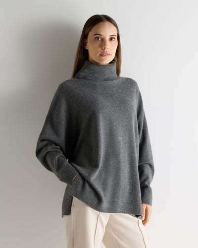 N.Peal Women's Longline Roll Neck Cashmere Jumper Elephant Grey
