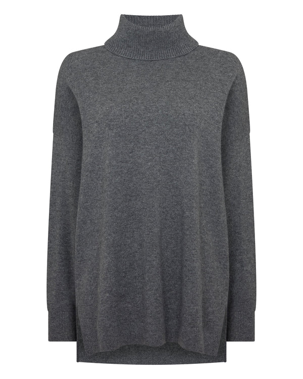 N.Peal Women's Longline Roll Neck Cashmere Jumper Elephant Grey
