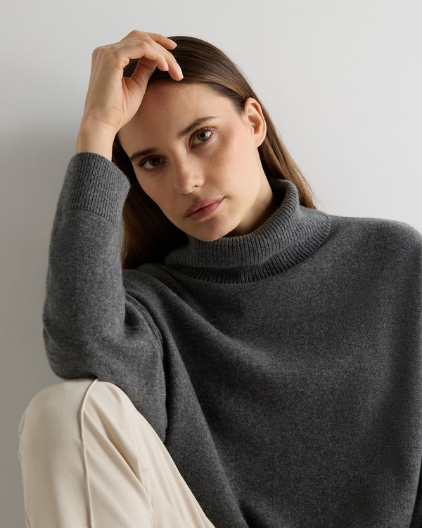 N.Peal Women's Longline Roll Neck Cashmere Jumper Elephant Grey