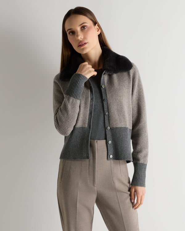 N.Peal Women's Dogtooth Cashmere Cardigan With Fur Elephant Grey