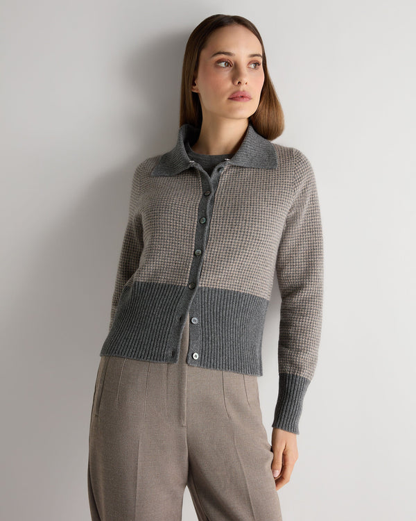 N.Peal Women's Dogtooth Cashmere Cardigan With Fur Elephant Grey
