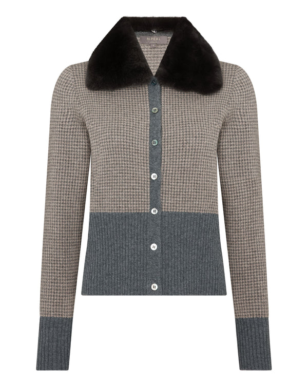 N.Peal Women's Dogtooth Cashmere Cardigan With Fur Elephant Grey