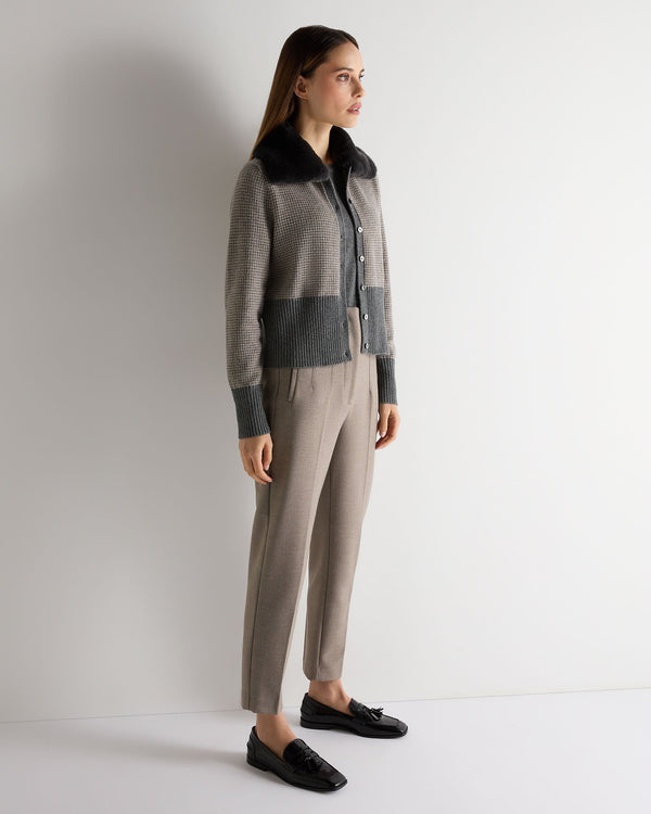 N.Peal Women's Dogtooth Cashmere Cardigan With Fur Elephant Grey