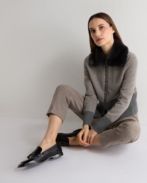 N.Peal Women's Dogtooth Cashmere Cardigan With Fur Elephant Grey