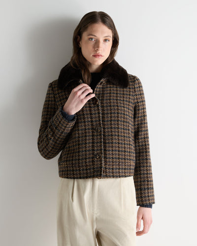 N.Peal Women's Dogtooth Fur Trim Jacket Brown