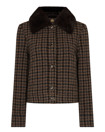N.Peal Women's Dogtooth Fur Trim Jacket Brown