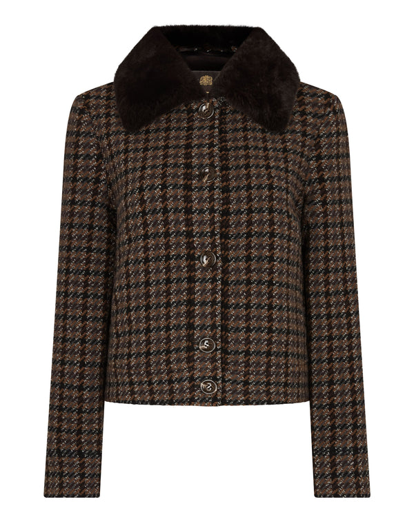 N.Peal Women's Dogtooth Fur Trim Jacket Brown