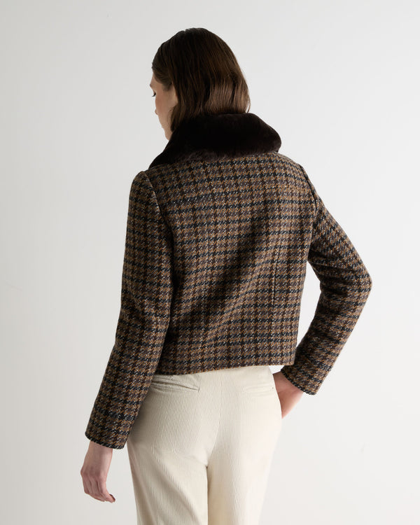 N.Peal Women's Dogtooth Fur Trim Jacket Brown
