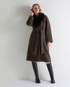 Women's Dogtooth Fur Trim Coat Brown