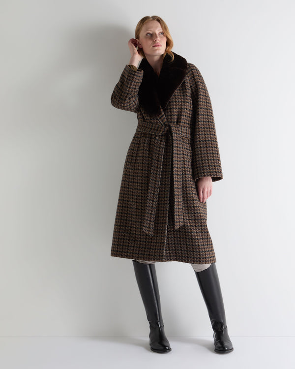N.Peal Women's Dogtooth Fur Trim Coat Brown