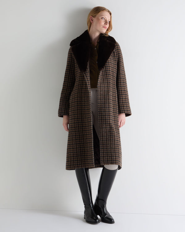 N.Peal Women's Dogtooth Fur Trim Coat Brown