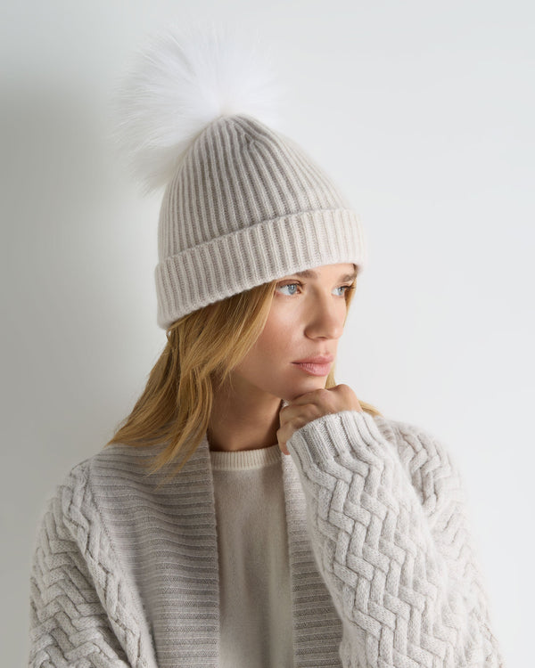 Women's Ribbed Cashmere Hat With Detachable Pom 2