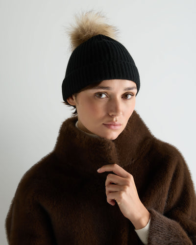 Unisex Ribbed Cashmere Hat With Detachable Pom Black