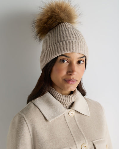 N.Peal Unisex Ribbed Cashmere Hat With Detachable Pom Cashew Brown