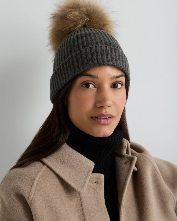 Unisex Ribbed Cashmere Hat With Detachable Pom  2
