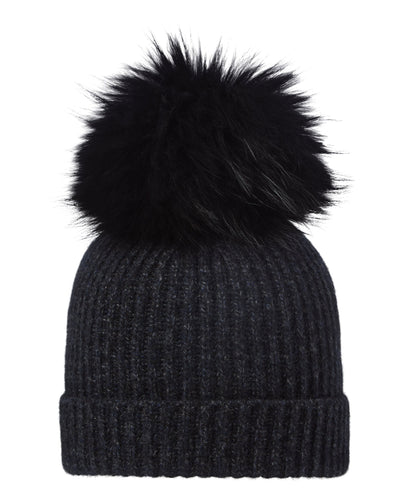 N.Peal Unisex Ribbed Cashmere Hat With Detachable Pom Ink Blue Melange