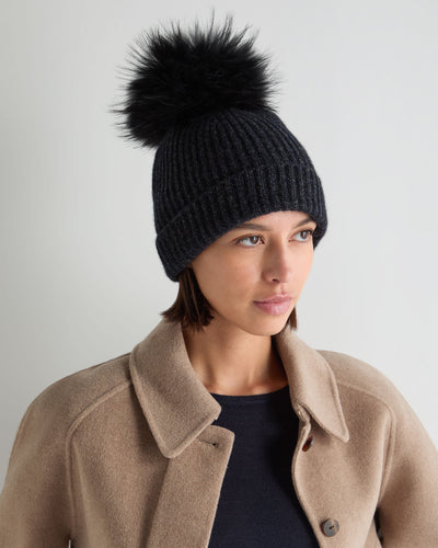 N.Peal Unisex Ribbed Cashmere Hat With Detachable Pom Ink Blue Melange