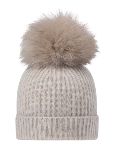 N.Peal Unisex Ribbed Cashmere Hat With Detachable Pom Oat Grey