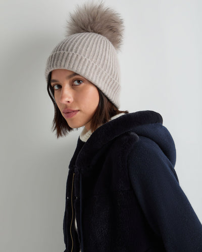 N.Peal Unisex Ribbed Cashmere Hat With Detachable Pom Oat Grey