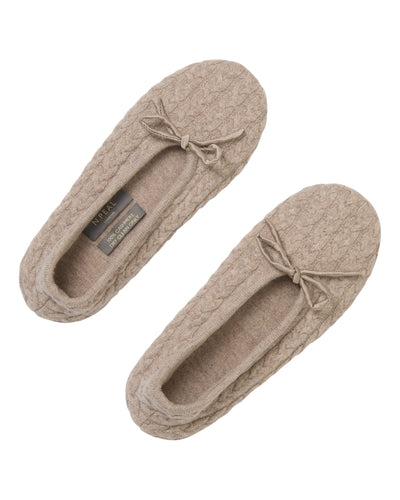 N.Peal Women's Cable Cashmere Slippers Oatmeal Brown