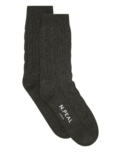 N.Peal Women's Cable Cashmere House Socks Grey Moss