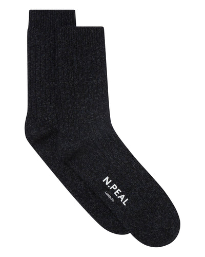 N.Peal Men's Rib Cashmere House Socks Ink Blue Melange