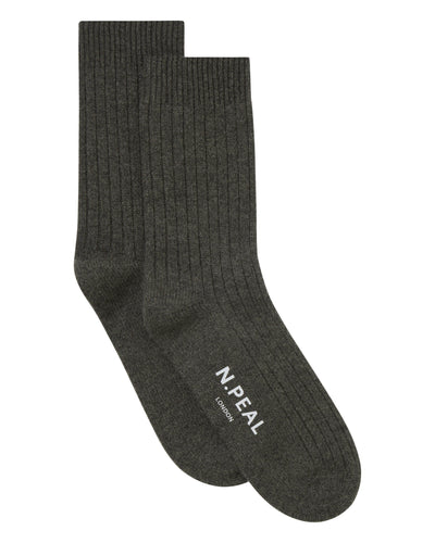 N.Peal Women's Rib Cashmere House Socks Grey Moss