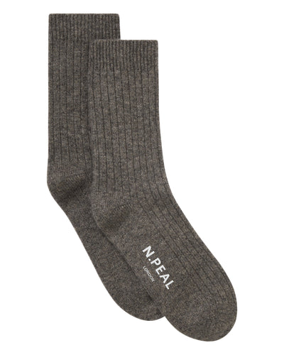 N.Peal Women's Rib Cashmere House Socks Wood Smoke Brown