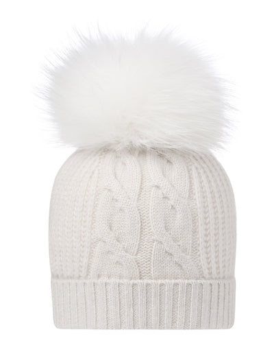 N.Peal Women's Cable Cashmere Hat With Lurex And Fur Pom Frost White Sparkle