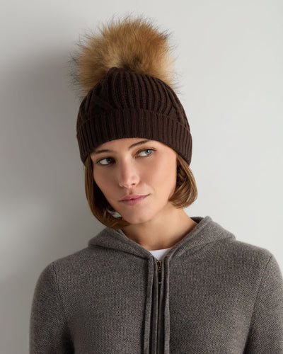N.Peal Women's Cable Cashmere Hat With Fur Pom Redwood