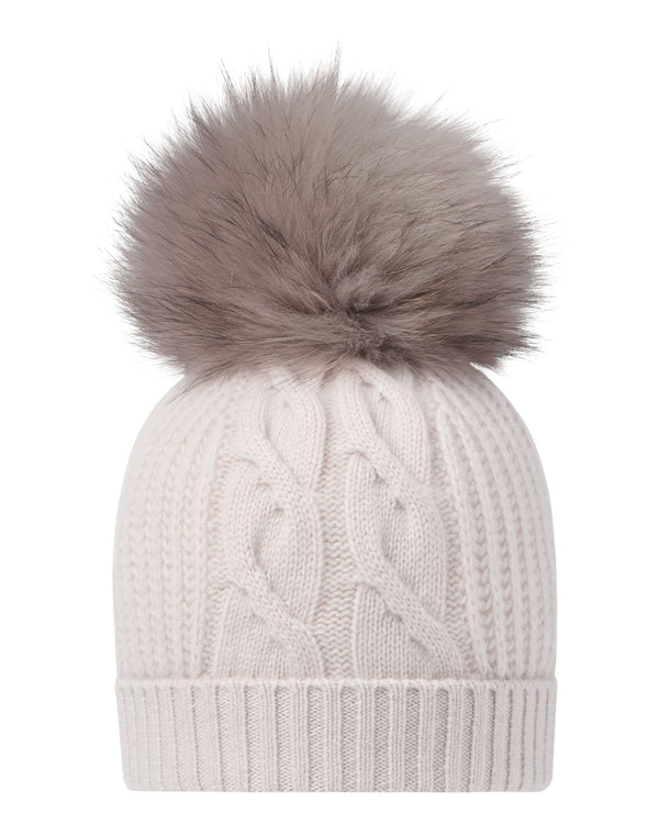 Women's Cable Cashmere Hat With Fur Pom 1