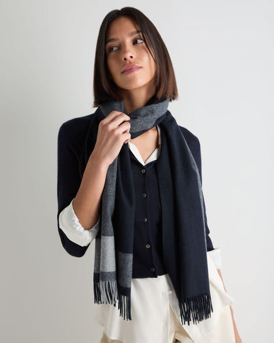 N.Peal Unisex Cashmere Stripe Scarf Navy Blue + Grey