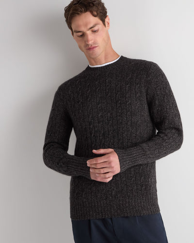 N.Peal Men's Thames Cable Round Neck Cashmere Jumper Bark Brown Melange
