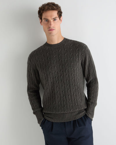 N.Peal Men's Thames Cable Round Neck Cashmere Jumper Grey Moss