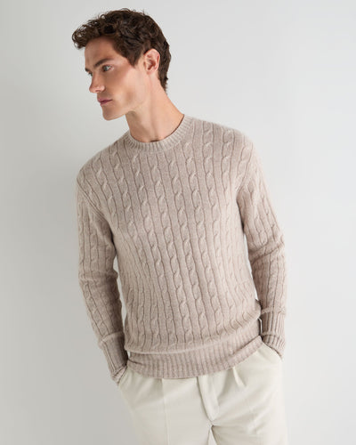 N.Peal Men's Thames Cable Round Neck Cashmere Jumper Toasted Sesame Brown