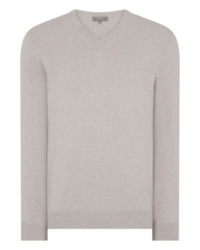 N.Peal Men's Burlington V Neck Cashmere Jumper Oat Grey