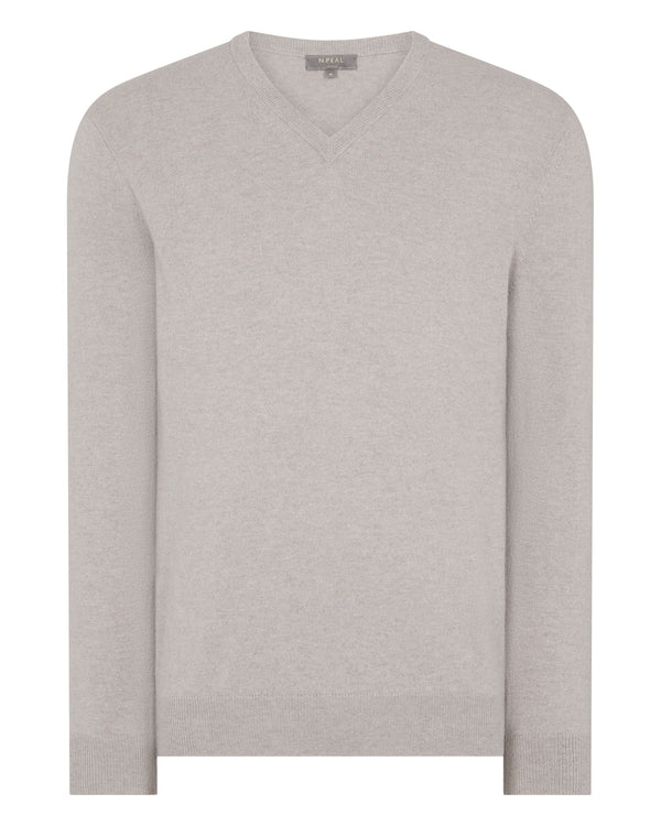 N.Peal Men's Burlington V Neck Cashmere Jumper Oat Grey