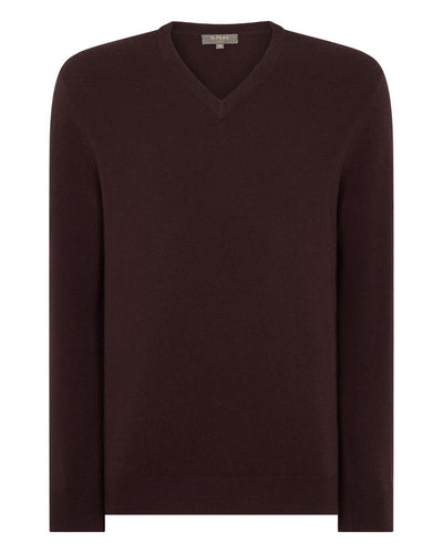 N.Peal Men's Burlington V Neck Cashmere Jumper Redwood