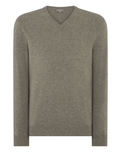 N.Peal Men's Burlington V Neck Cashmere Jumper Sage Green