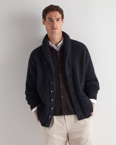 N.Peal Men's Kensington Cashmere Cardigan Ink Blue Melange