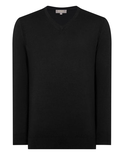 N.Peal Men's Conduit Fine Gauge Cashmere V Neck Jumper Black