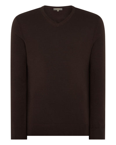 N.Peal Men's Conduit Fine Gauge Cashmere V Neck Jumper Redwood
