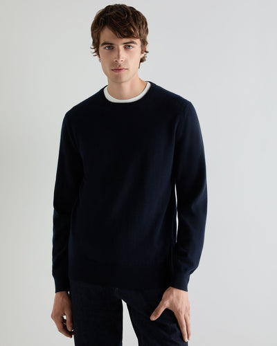 N.Peal Men's Oxford Round Neck Cashmere Jumper Navy Blue