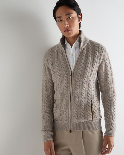 N.Peal Men's Richmond Cable Cashmere Cardigan With Fur Trim Basilica Beige Brown