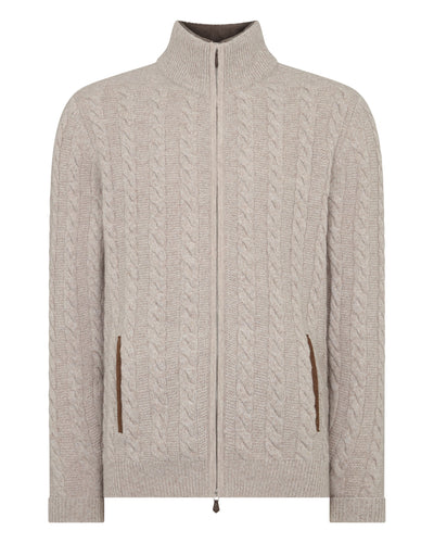 N.Peal Men's Richmond Cable Cashmere Cardigan With Fur Trim Basilica Beige Brown