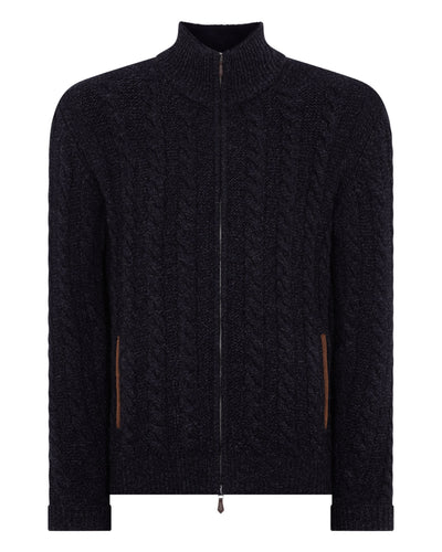 N.Peal Men's Richmond Cable Cashmere Cardigan With Fur Trim Ink Blue Melange
