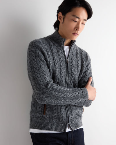 N.Peal Men's Richmond Cable Cashmere Cardigan Elephant Grey Melange
