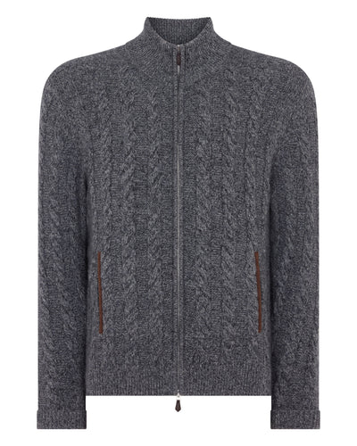 N.Peal Men's Richmond Cable Cashmere Cardigan Elephant Grey Melange