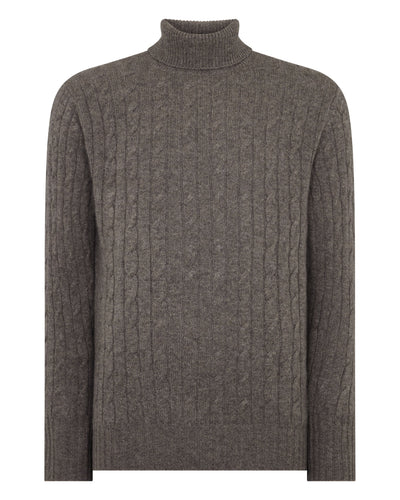 N.Peal Men's Berwick Cable Roll Neck Cashmere Jumper Wood Smoke Brown